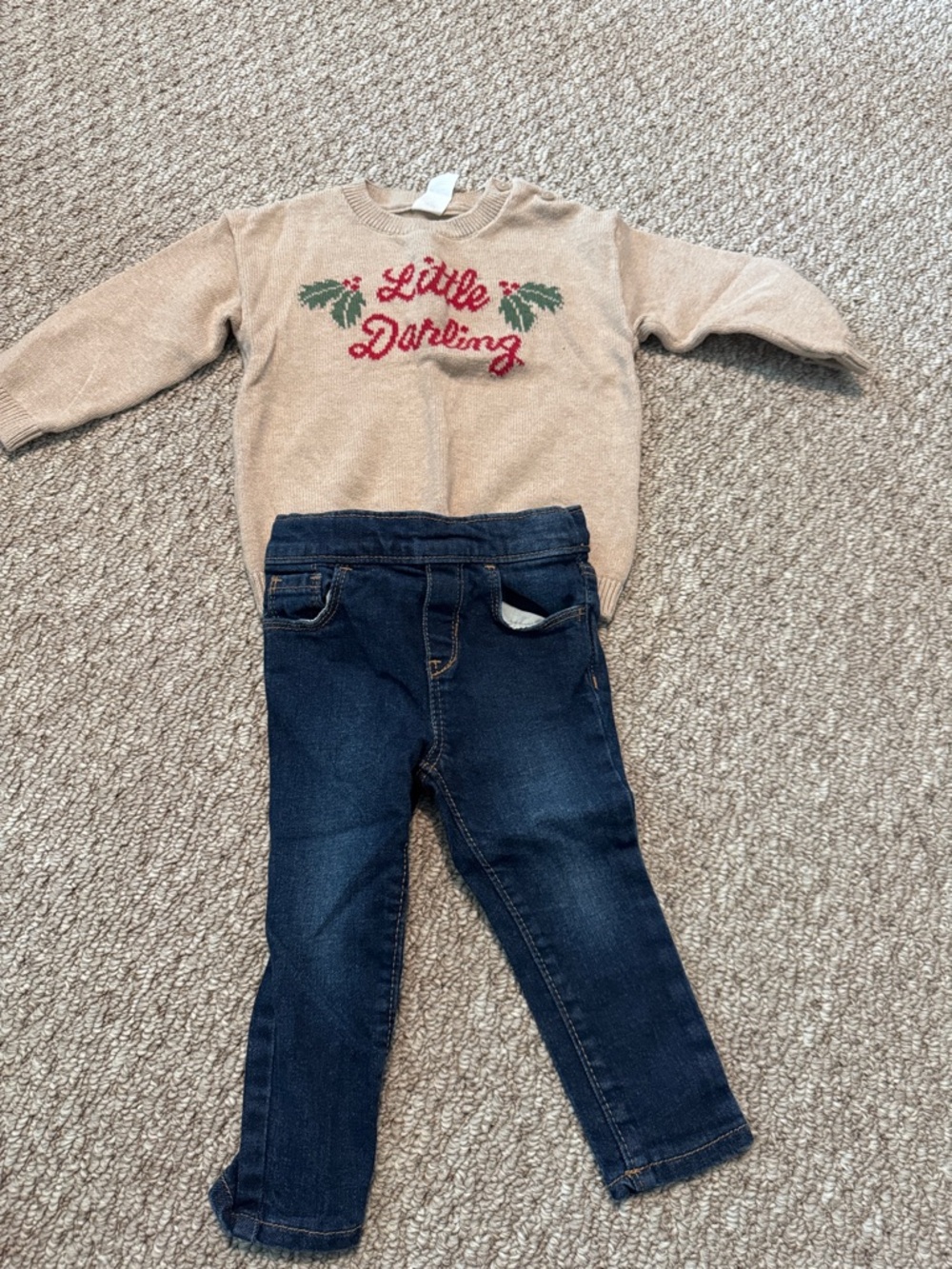 Beige "Little Darling" Knit Sweater - Holiday Motif